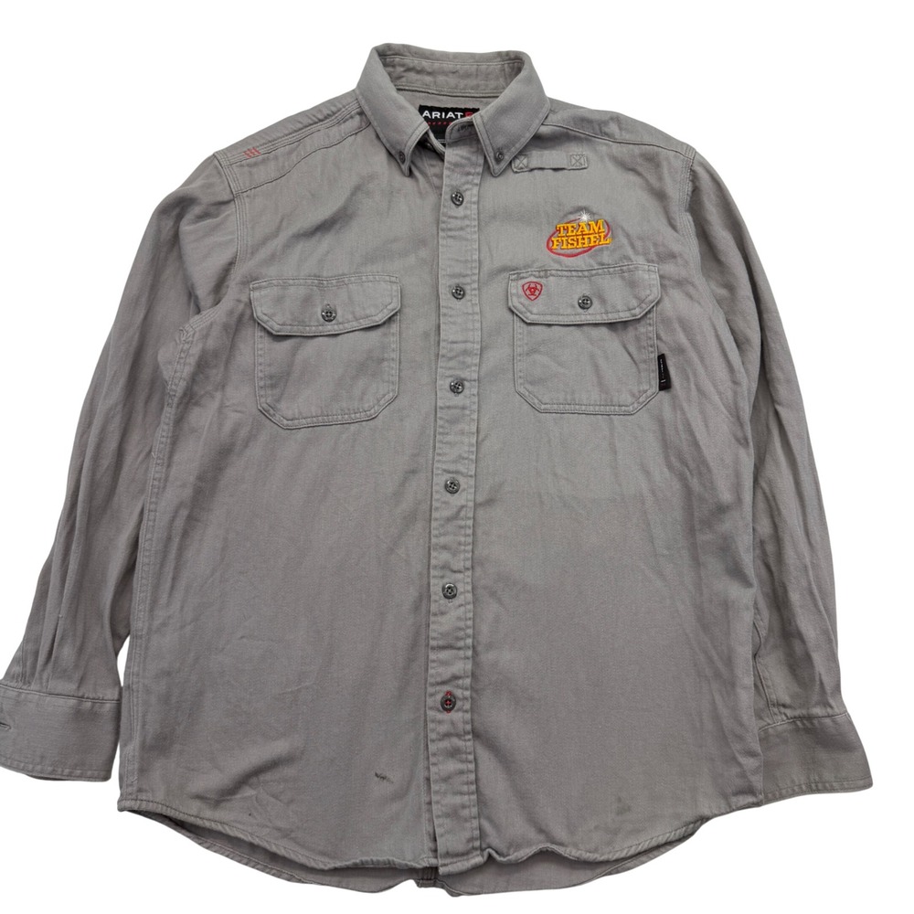 Ariat FR Shirt M Grey Team Fishel Flame Resistant Workwear Button Down CAT 2